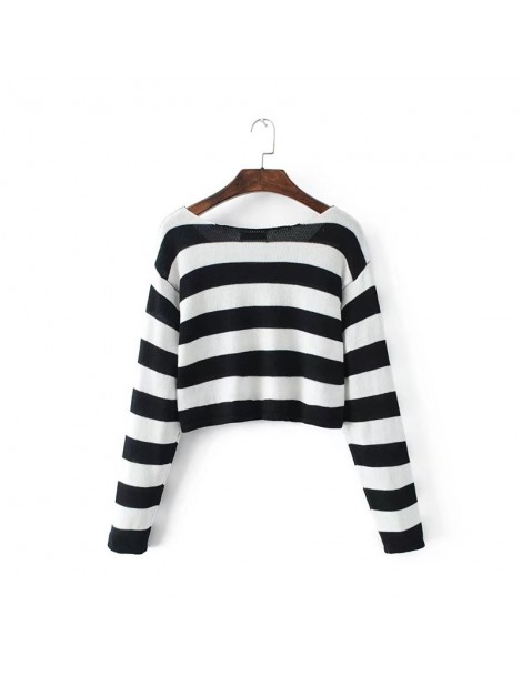 Pullovers Women Block Striped Crop Knit Sweater Knit Pullovers - red - 423943356002-3 $16.26