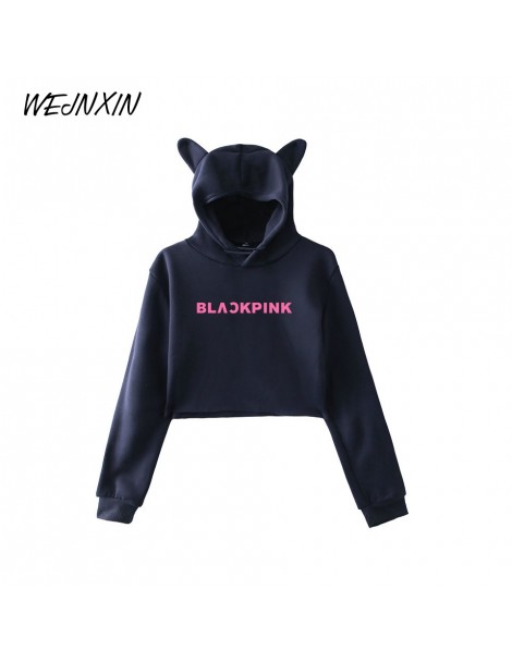 Hoodies & Sweatshirts Korean Styl Blackpink Pink Logo Design Navel Hoodies Women Cure Ear Hood Girl Sweatshirt Kpop Streetwea...