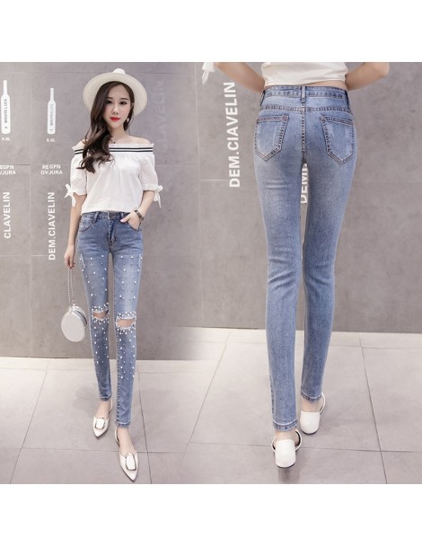Jeans 2018 Summer Women Hole Ripped Jeans Stretch Denim Pencil Pants Casual Slim Fit Rivet Pearl Jeans Low Waist Cowboy Long ...