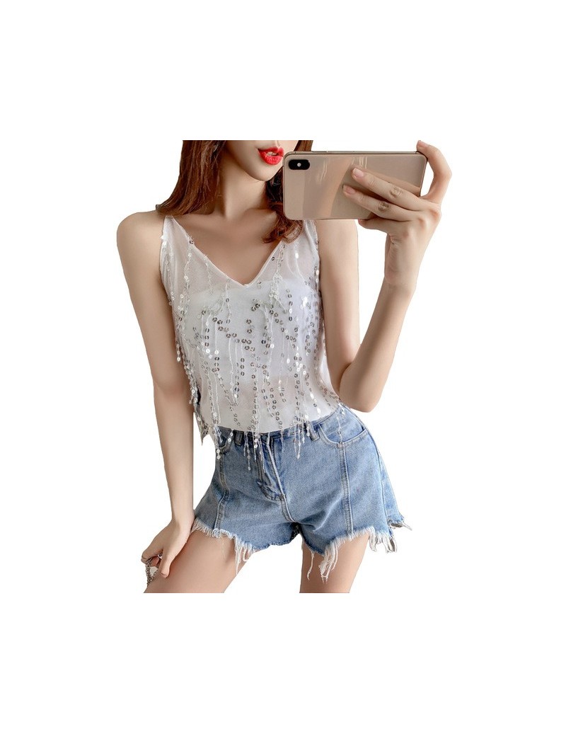 Tank Tops Women Sleeveless Strap Tank Tops Sexy Glitter Sequined Tassel Vest Camis Summer See Through Tee Shirt Top Camisole ...