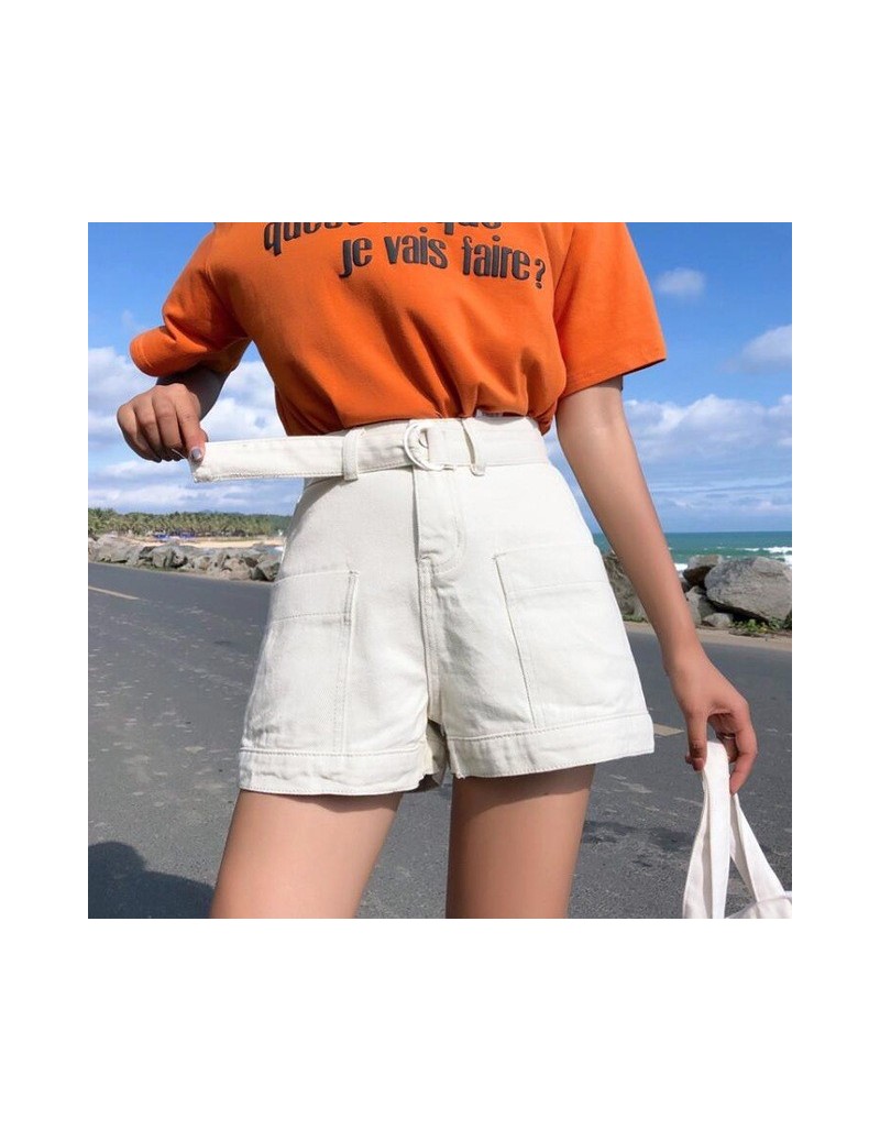 Shorts New 2019 Black White And Blue Denim Shorts Women With Belt Street Style Pockets Short Jeans Shorts High Waist Ladies S...