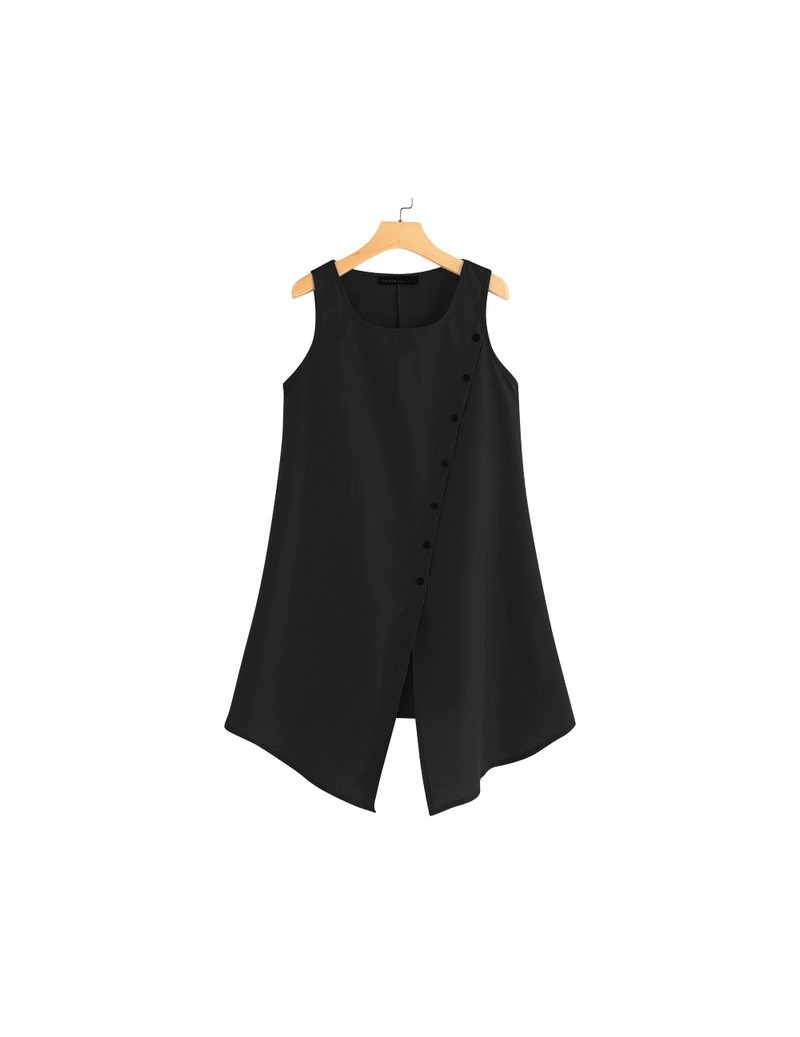 Vintage Women's Blouse Asymmetrical Summer Tops 2019 Sleeveless Buttons Casual Loose Split Long Shirt Plus Size Blusas - Bla...