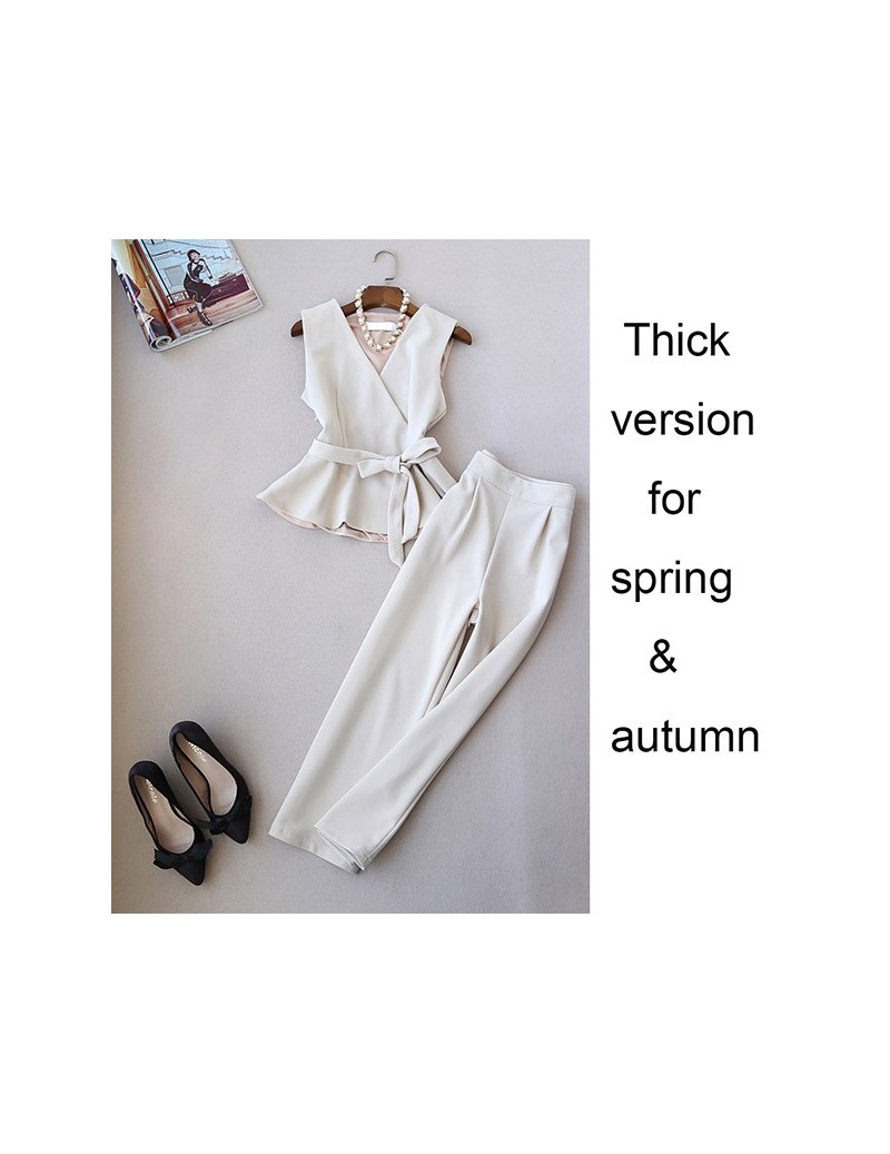 Spring Summer Fashionable Women V-neck Peplum Bowknot Waist Top and Wide Leg Pants Clothing Set OL Set - beige thick - 4C397...