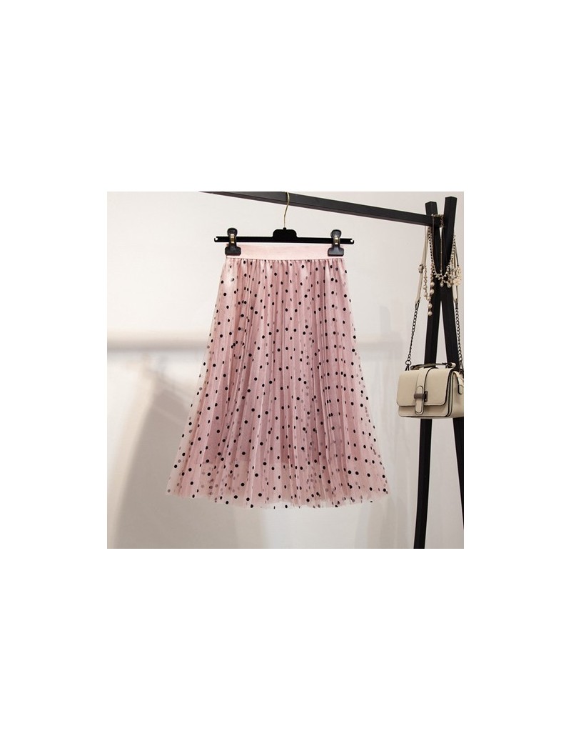 Polka Dot Tulle Skirts Womens Summer Pink Midi Skirt Korean Cute Ladies Elastic High Waist Pleated Skirt - Pink - 4S4119765169