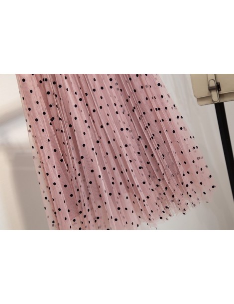 Skirts Polka Dot Tulle Skirts Womens Summer Pink Midi Skirt Korean Cute Ladies Elastic High Waist Pleated Skirt - Pink - 4S41...