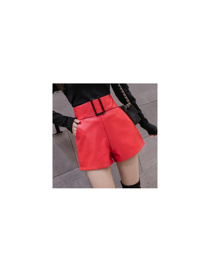 Women black PU leather shorts belted pocket high waist short femme ladies wide leg pantalones cortos korean autumn winter sh...
