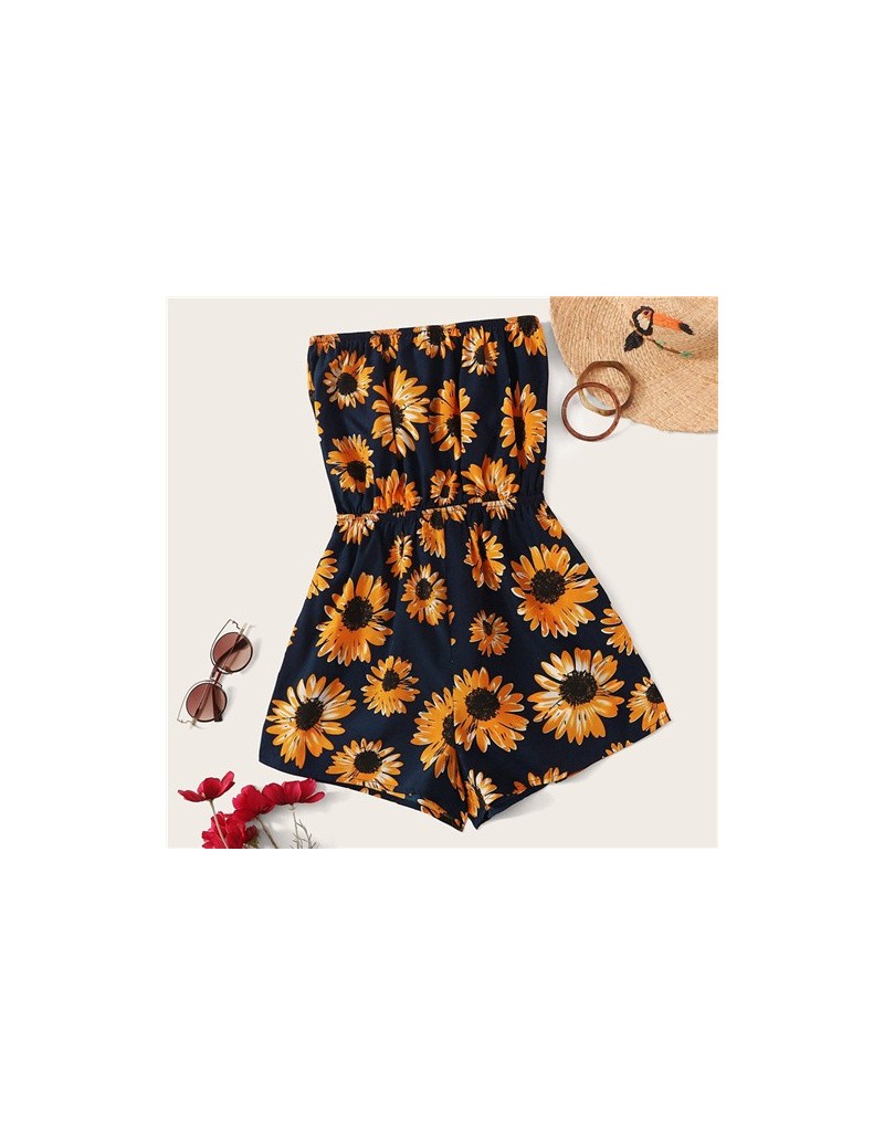 Sunflower Print Tube Romper Boho Strapless Floral Wide Leg Playsuit 2019 Black Summer Sleeveless Women Clothing Romper - Bla...