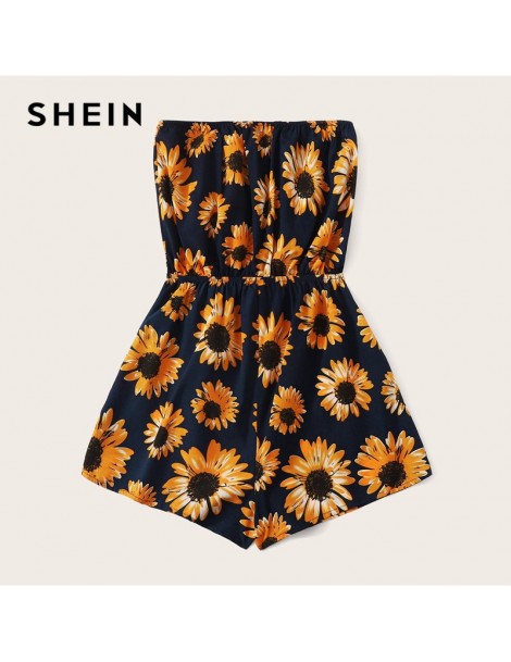 Rompers Sunflower Print Tube Romper Boho Strapless Floral Wide Leg Playsuit 2019 Black Summer Sleeveless Women Clothing Rompe...