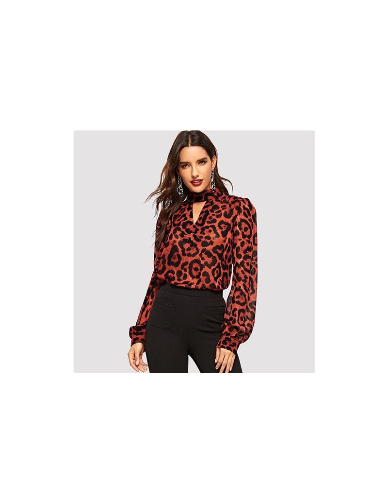 Multicolor Keyhole Neck Bishop Sleeve Leopard Top Stand Collar Cut Out Blouse Women Autumn Office Lady Tops and Blouses - Mu...