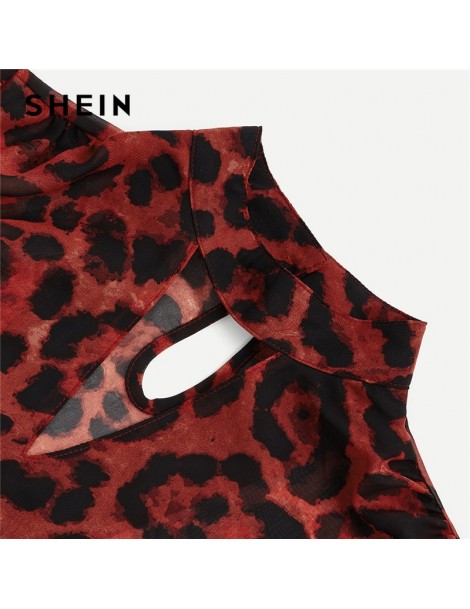 Blouses & Shirts Multicolor Keyhole Neck Bishop Sleeve Leopard Top Stand Collar Cut Out Blouse Women Autumn Office Lady Tops ...