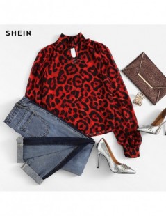 Blouses & Shirts Multicolor Keyhole Neck Bishop Sleeve Leopard Top Stand Collar Cut Out Blouse Women Autumn Office Lady Tops ...