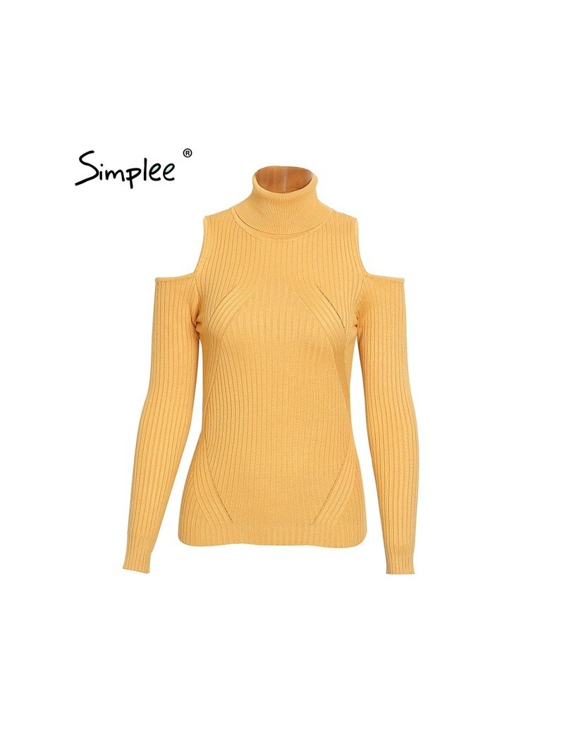 Turtleneck cold shoulder knitted sweater women Casual cotton streetwear pullover female Sexy autumn winter jumper 2017 - Yel...