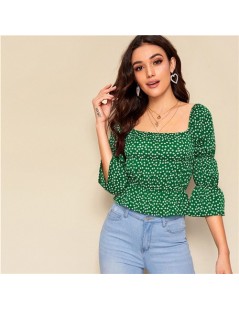 Blouses & Shirts Ditsy Floral Print Square Neck Blouse Women Spring Summer Top Boho Green Three Quarter Length Flounce Sleeve...
