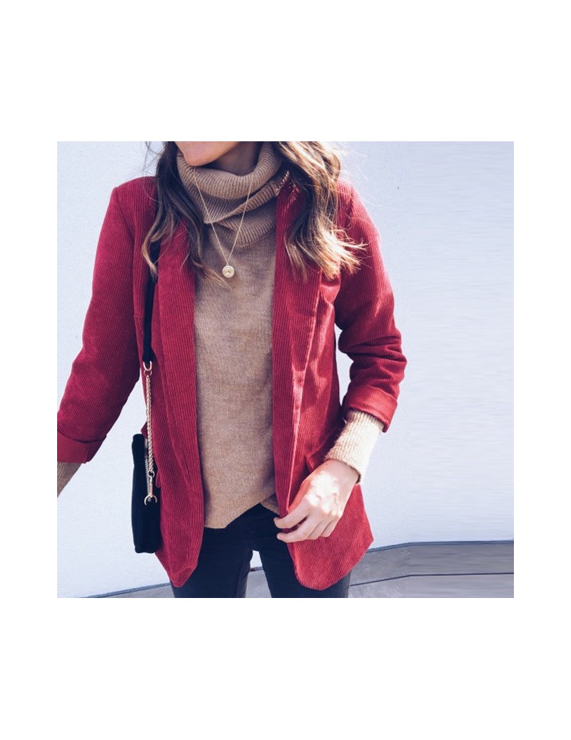 2018 Autumn Women Blazer Jacket Ladies Open Front Business Blazer Corduroy Slim Suit Jacket Coat for Female - Red - 4C30648...