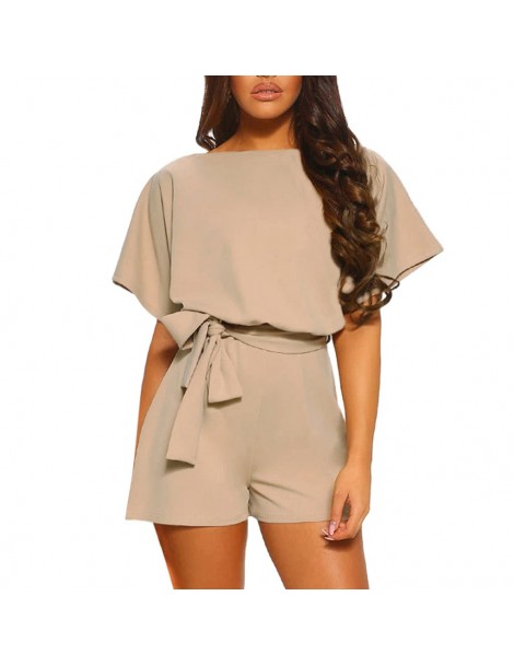 Rompers Solid O-Neck Short Sleeve Wide solid color jumpsuit High waist Leg Pants Short Jumpsuit Strappy Playsuit mujer jumpsu...