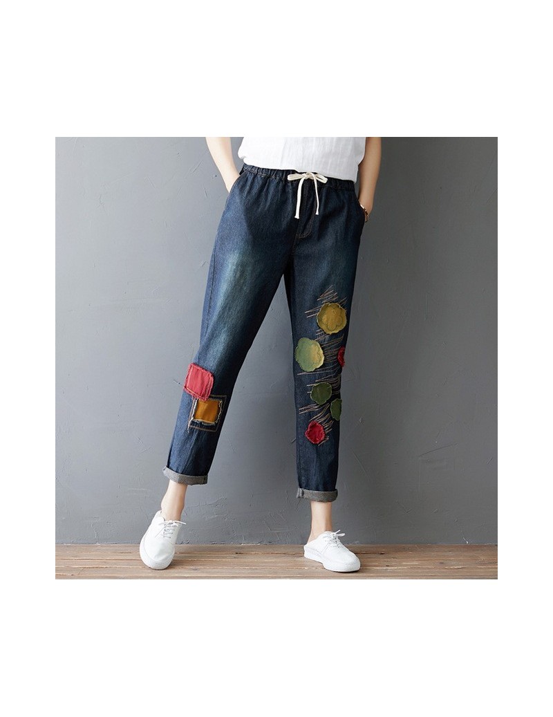 Spring Harem Jeans Women Casual Loose Denim Pants New Elastic Waist Patchwork Pockets Casual Female Streetwear - Blue - 4230...