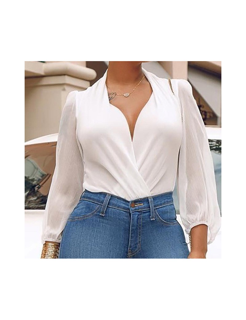 Bodysuits V-Neck Long Sleeve Ruched Wrap Bodysuit For Women White Sexy Summer Autumn Playsuit 2019 New Fashion Solid Rompers ...