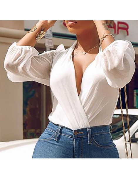 Bodysuits V-Neck Long Sleeve Ruched Wrap Bodysuit For Women White Sexy Summer Autumn Playsuit 2019 New Fashion Solid Rompers ...