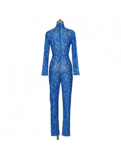Jumpsuits Mesh Sheer Print Sexy Jumpsuit Turtleneck Long Sleeve Women Skinny Overalls See Through Bodysuit Blue Playsuit - 4T...