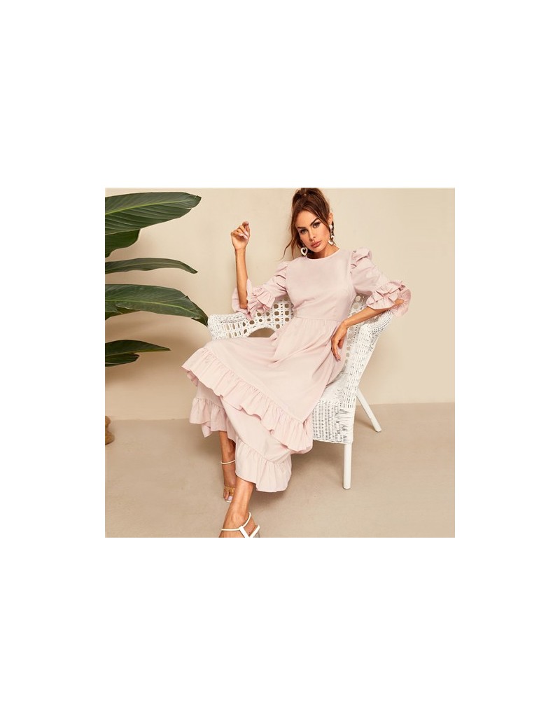 Dresses Flounce Sleeve Layered Ruffle Hem Maxi Dress Women Elegant Pink High Waist Summer Dress 2019 A Line Dresses - Pink - ...