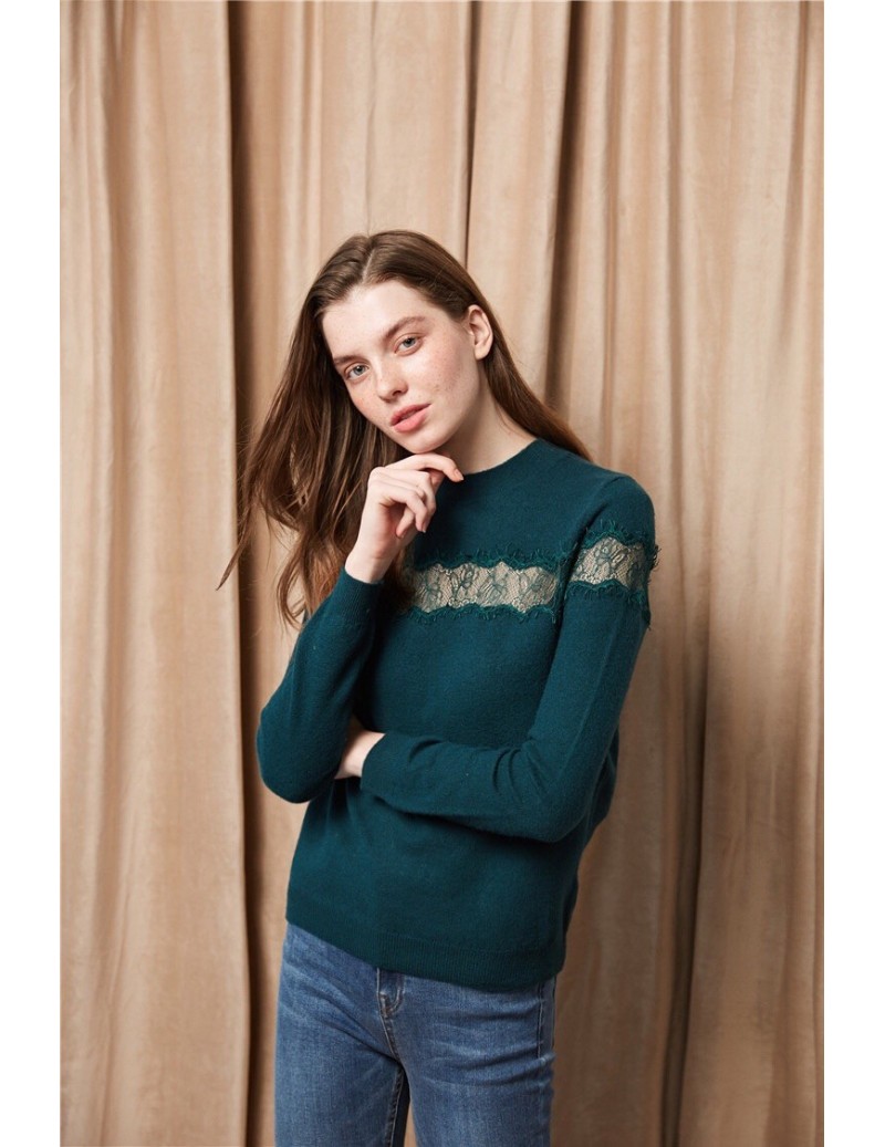 women fashion round neck lace hollow out pullover wool Sweaters - Green - 493062660632-1
