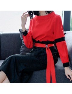 Women's Sets Spring New 2019 Women Fashion Two 2 Pieces Sets Round Neck Red Blouse and Black Midi Skirt Sets Clothes For Wome...
