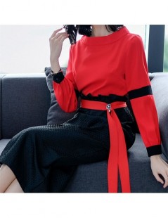 Women's Sets Spring New 2019 Women Fashion Two 2 Pieces Sets Round Neck Red Blouse and Black Midi Skirt Sets Clothes For Wome...