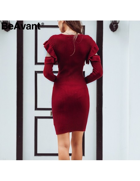Dresses Ruffle cold shoulder sweater dress elegant Long sleeve sexy winter dress women wine red bodycon autumn short dress 20...