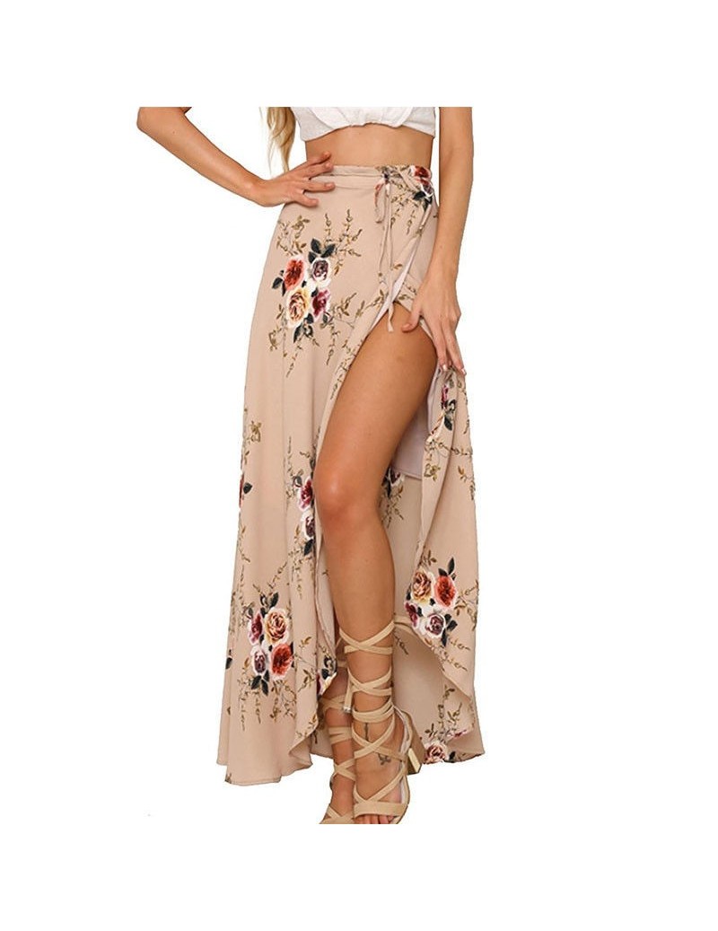 Women Summer Hight Waist High Split Printed Maxi Skirt Pleated Chiffon Long Casual Boho - Apricot Pink - 4V4112651058-3