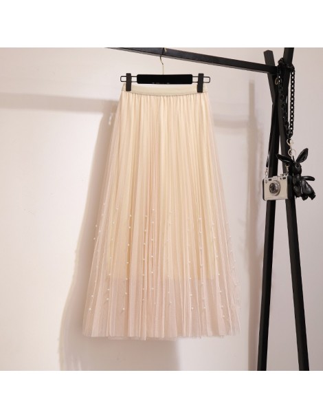Skirts New 2019 Spring Summer Skirts Womens Beading Mesh Tulle Skirt Women Elastic High Waist A Line Mid Calf Midi Long Pleat...