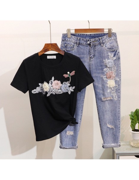Women's Sets Heavy-work Flowers Dragon Fly Cute Beaded Tshirts Pencil Denim Pants Women Fashion Clothing Apparel for Summer -...