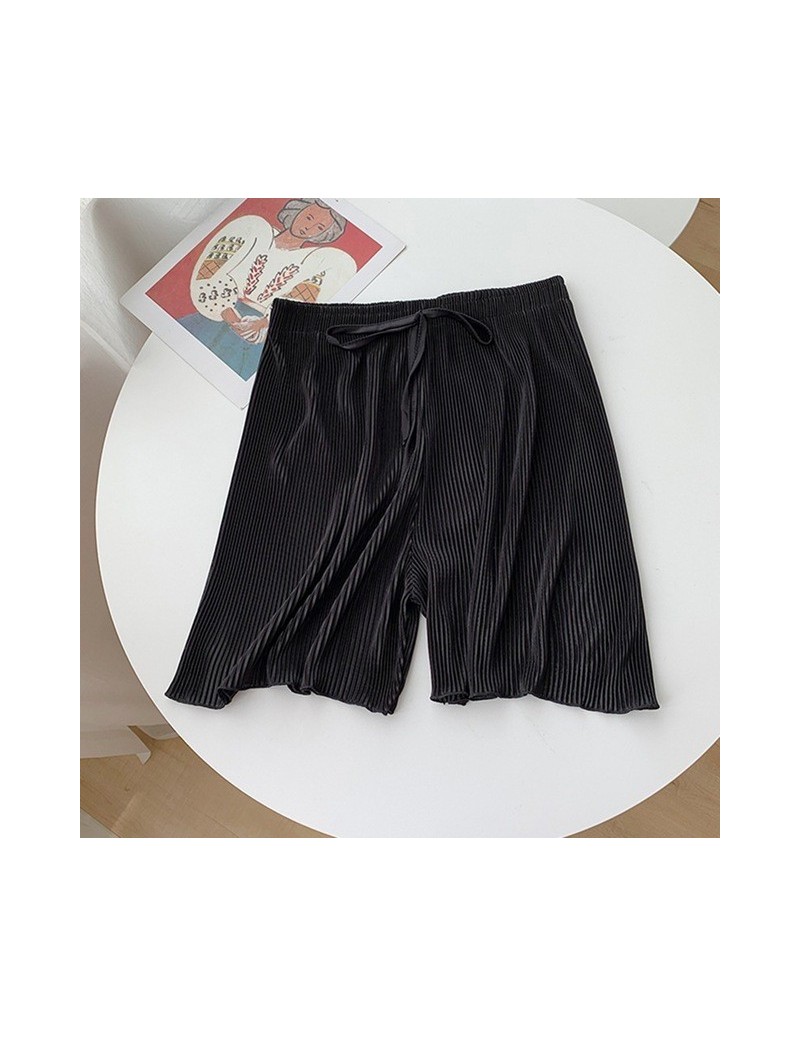 Women's Beach Wide Leg Shorts Elastic High Waist Drawstring Solid Color Summer Casual Pleated Shorts* - Black - 501111831444...