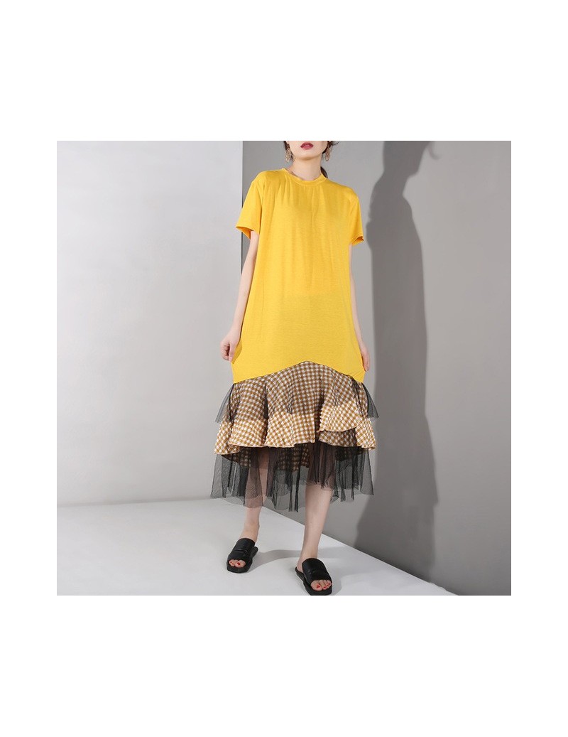 2019 New Spring Summer Round Neck Short Sleeve Ruffles Mesh Plaid Printed Temperament Cake Dress Women Fashion Tide JR570 - ...
