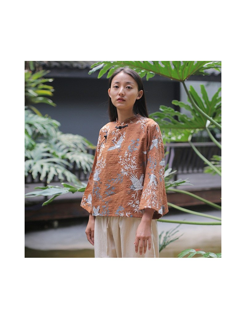 Blouses & Shirts Chinese Style Shirts For Women Button Blouses Stand Vintage Tops 2019 Spring Summer New Cotton Nine Sleeve S...