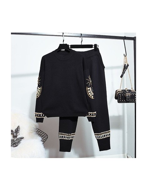Women's Sets 2019 Autumn winter Sweater Women set New National wind Beading Long sleeve Knitted Sweater + Casual Pants two pi...