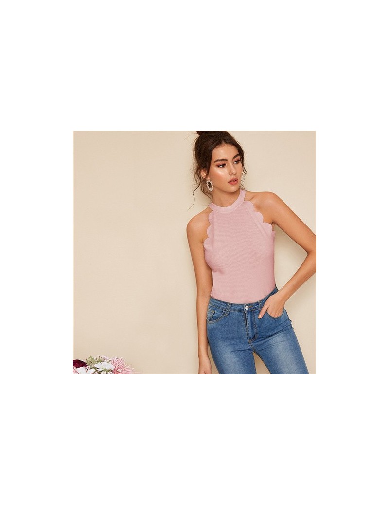 Tank Tops Elegant Pink Scallop Trim Rib-knit Halter Vest Top Women Solid Slim Fitted Summer 2019 High Street Office Lady Vest...