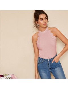 Tank Tops Elegant Pink Scallop Trim Rib-knit Halter Vest Top Women Solid Slim Fitted Summer 2019 High Street Office Lady Vest...