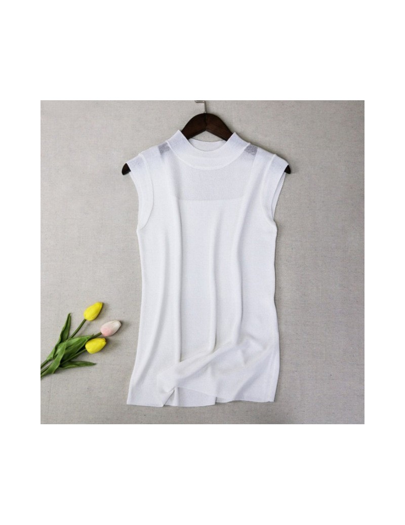 Women's Ice Silk Knitted Slim Solid Shirt Top White Sleeveless O-neck Elegant Feminine Blouses 2019 Summer Fashion Ladies To...