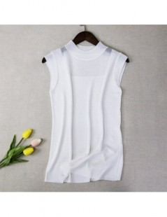 Blouses & Shirts Women's Ice Silk Knitted Slim Solid Shirt Top White Sleeveless O-neck Elegant Feminine Blouses 2019 Summer F...