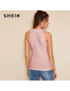 Tank Tops Elegant Pink Scallop Trim Rib-knit Halter Vest Top Women Solid Slim Fitted Summer 2019 High Street Office Lady Vest...