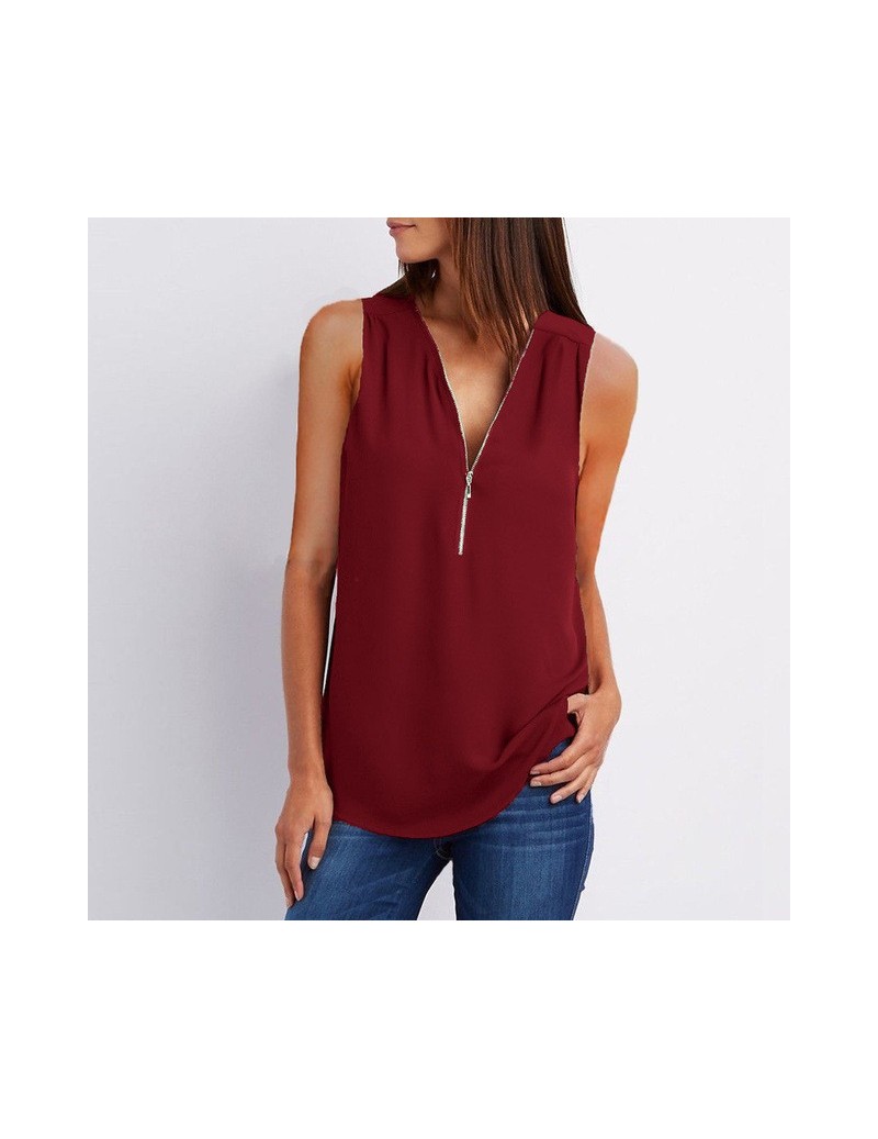 Tank Tops Summer Chiffon Tank Tops Women Tunic Zipper V Neck Vest Tops Sexy Sleeveless Loose Vests Ladies Shirt Tops Plus Siz...