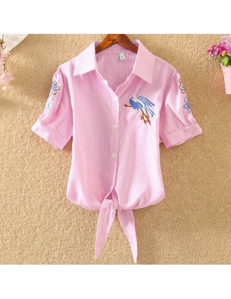 Blouses & Shirts Women Embroidery Blouse Shirts 2019 Cotton Short Sleeve Summer Autumn Shirts Stripe harajuku Ladies Embroide...
