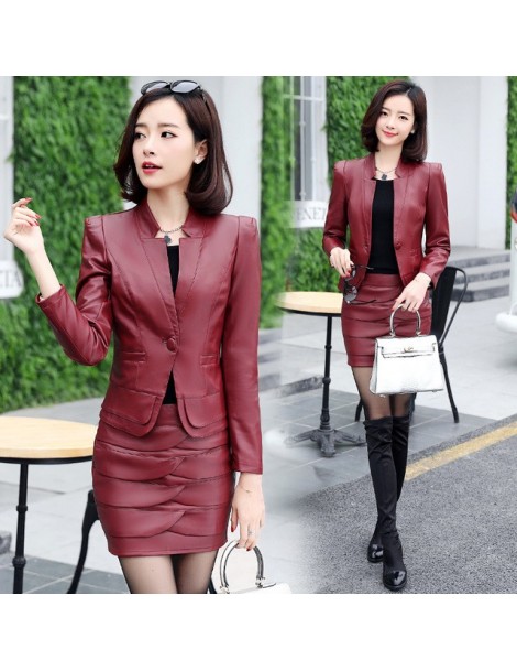 Skirt Suits Womens Faux Leather Skirts Suits for Women Pu Blazer and Skirt 2 Pieces Set Clothing Black Red Office Ladies Casu...