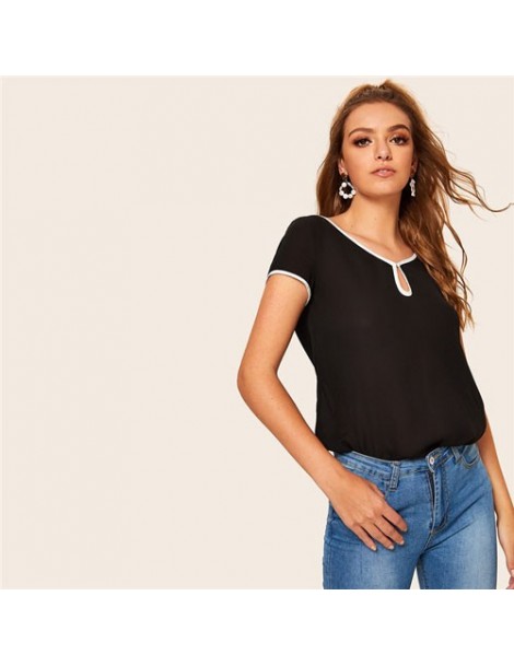 Blouses & Shirts Black Contrast Binding Keyhole Front Blouse Ladies Tops Summer Short Sleeve Weekend Casual Womens Tops And B...