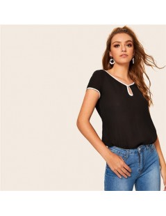Black Contrast Binding Keyhole Front Blouse Ladies Tops Summer Short Sleeve Weekend Casual Womens Tops And Blouses - Black -...