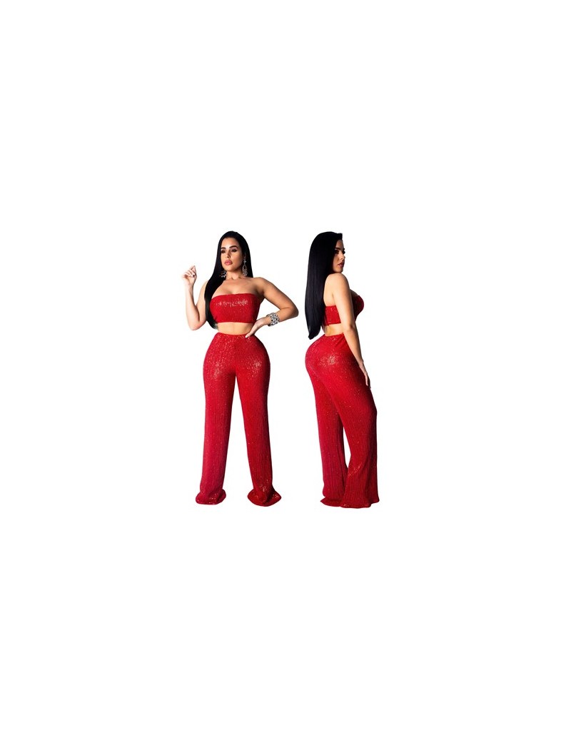 Women Fashion Sequins Strapless Two Piece Set Sexy Tube Top + Wide Leg Pants Night Club Party Suits Summer Outfits - red two...