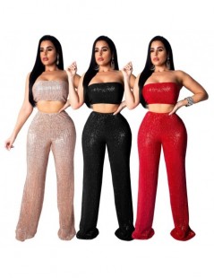 Women's Sets Women Fashion Sequins Strapless Two Piece Set Sexy Tube Top + Wide Leg Pants Night Club Party Suits Summer Outfi...