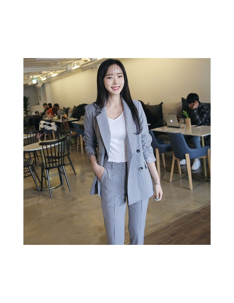 Pant Suits Autumn new chaquetas mujer 2019 office lady uniform jacket striped straight trousers two-piece plus size Single br...