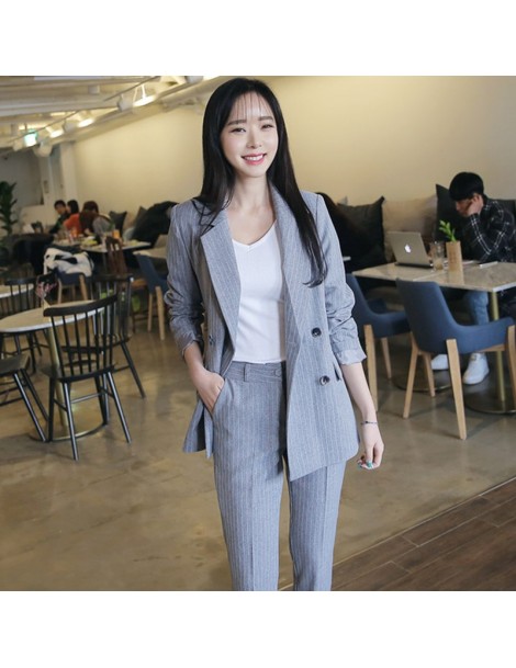 Pant Suits Autumn new chaquetas mujer 2019 office lady uniform jacket striped straight trousers two-piece plus size Single br...