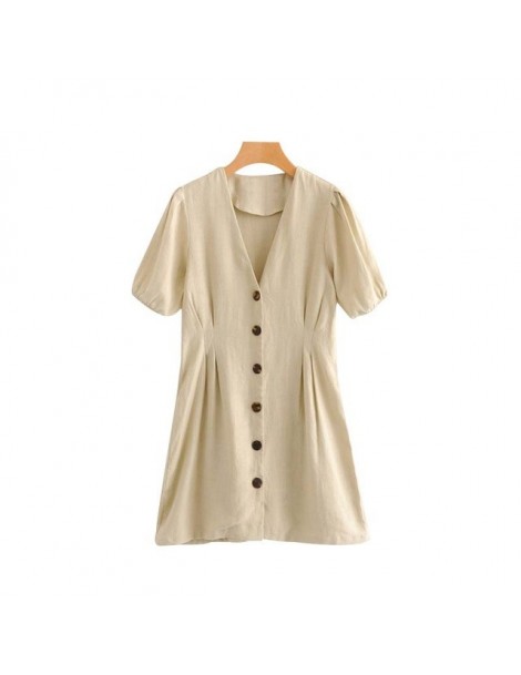 Dresses women vintage V neck pleated linen dress short sleeve button retro female casual summer chic mini dresses vestidos QA...